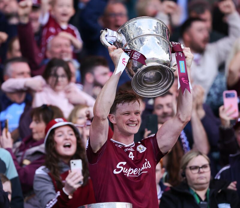 Galway's Darren Morrissey pictured as he lifts the Leinster Senior Hurling Championship cup. Photograph: Tom O’Hanlon/Inpho