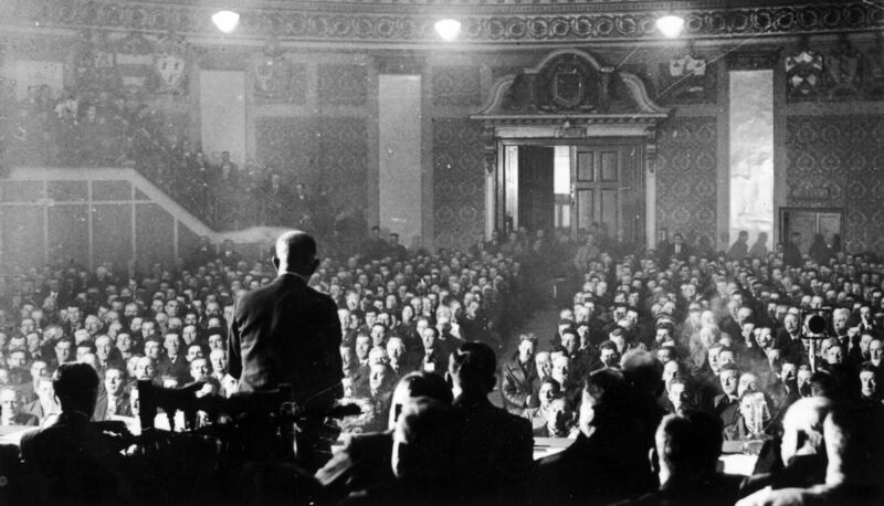 February 1934:  Irish fascist politician Eoin O'Duffy, leader of the ACA or Fine Gael, addresses a hall full of people. Photograph: Keystone/Getty Images
