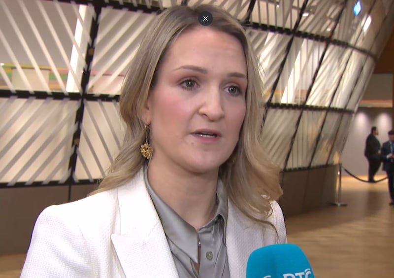 Minister for Foreign Affairs Helen McEntee speaks to journalists as she arrives to the Foreign Affairs Council meeting taking place in Brussels
