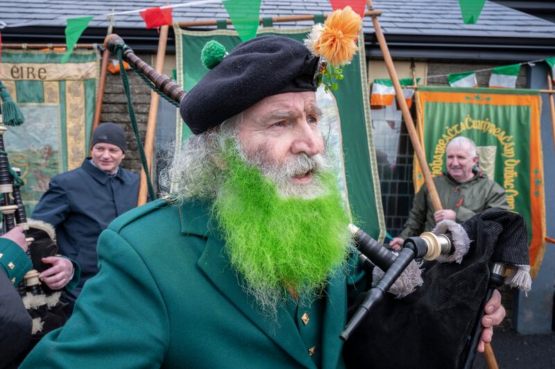 St Patrick's day Achill Island where traditional Achill pipe bands have marched since 1882. Pollagh Piper Seamus McNamarra outside Saint Mary's in Pollagh, Achill.  Photograph: Michael Mc Laughlin