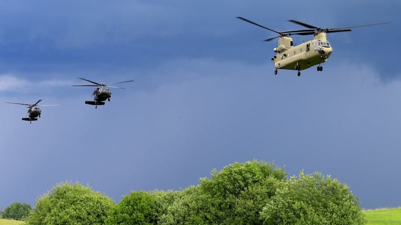 US CH-47 Chinook and Black Hawk helicopters take part in Suwalki gap defence exercise in Mikyciai, Lithuania. Photograph: Ints Kalnins/Reuters