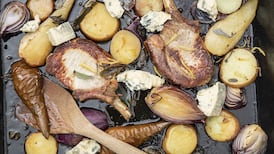 Pork chops with roasted pears, sage, onion and Gorgonzola