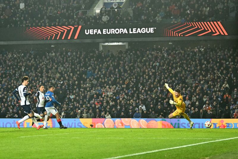 Hamza Igamane scores for Rangers. Photograph: Andy Buchanan/AFP via Getty Images