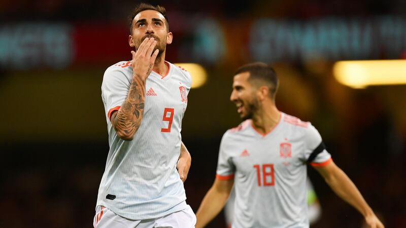 Paco Alcacer of Spain  celebrates after he scores his team’s first goal during the friendly against Wales  at the Principality stadium in Cardiff. Photograph: Dan Mullan/Getty Images