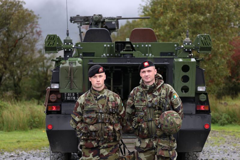 Brothers Pte Caolan O’Reilly and Pte Tiarnan O’Reilly, from Wexford, at the mission readiness training as 343 troops prepare for deployment to Lebanon. Photograph: Dara Mac Dónaill/The Irish Times









