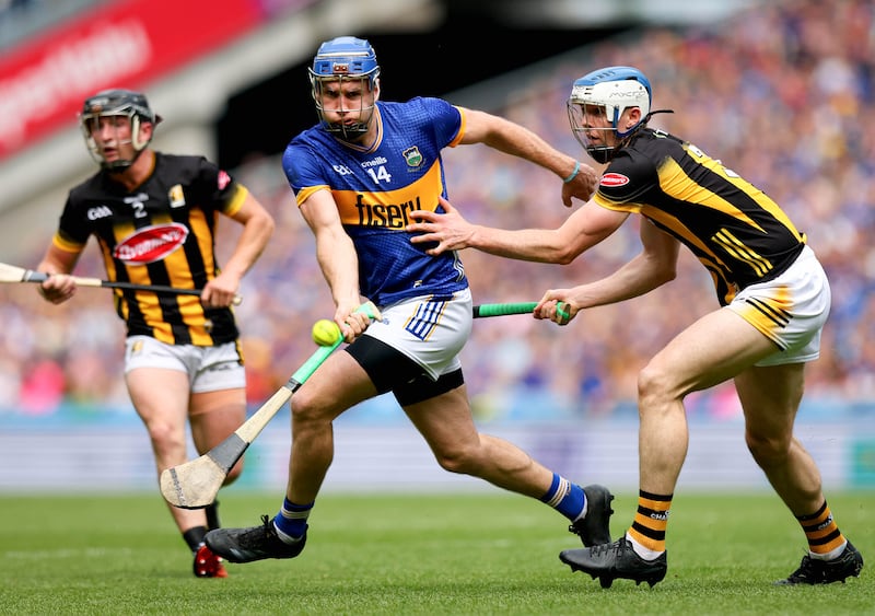 Kilkenny’s Huw Lawlor and John McGrath of Tipperary. Photograph: Ryan Byrne/Inpho