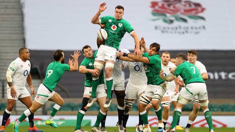 James Ryan tries to win a lineout for Ireland against England at Twickenham in November. Photograph: Julian Finney/Getty