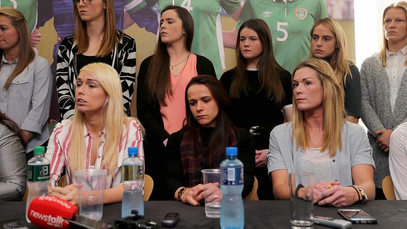 Áine O’Gorman (centre) with Stephanie Roche and Emma Byrne at the women’s national team press conference at  Liberty Hall on Tuesday.  Photograph: Donall Farmer/Inpho