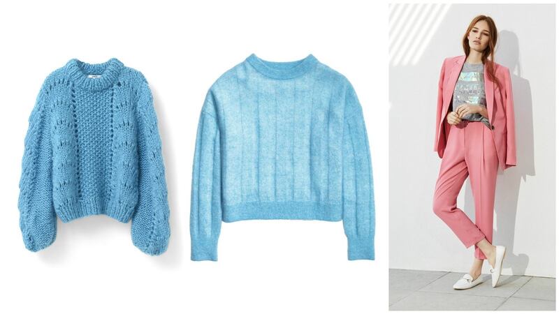 Ganni’s Julliard Mohair pullover  €399; H&M wool blend blue jumper €49.99; Penny’s jacket €23; top €8; trousers €16