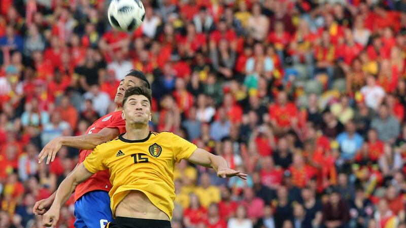 Belgium’s Thomas Meunier in action with Costa Rica’s Celso Borges during a recent friendly in Brussels. Photograph:   Francois Walschaerts/Reuters