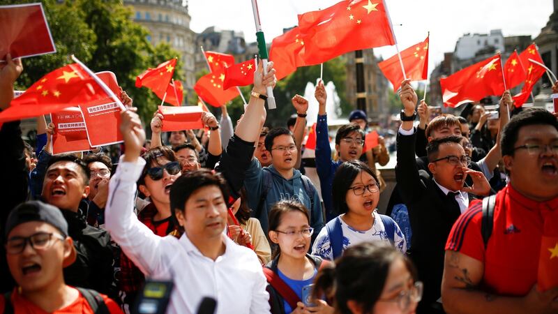 Demonstrators in support of the Chinese government stage a counter-demonstration against pro-democracy protests, in central London, Britain, on Saturday. Photograph:  Henry Nicholls/Reuters