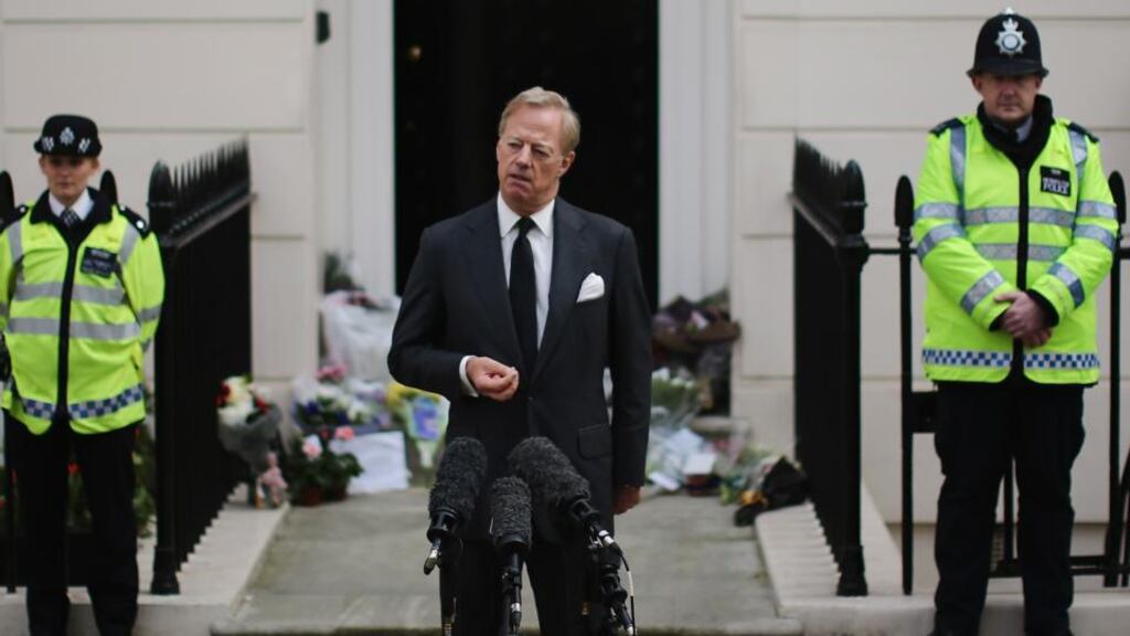 Mark Thatcher speaks to the press outside the home of former British Prime Minister, Baroness Margaret Thatcher  in London last week. Photograph: Gerry