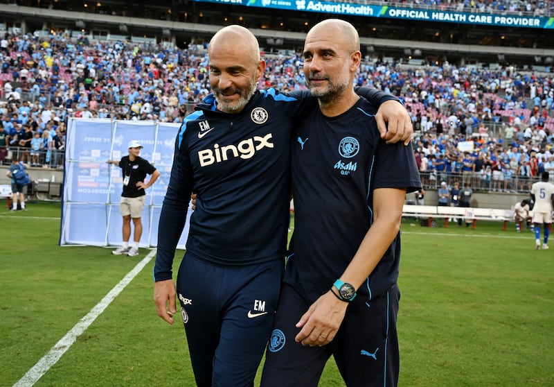 Maresca talks to Guardiola after a pre-season friendly between Chelsea and Manchester City at the Ohio Stadium in August 2024 in Columbus, Ohio. Photograph: Darren Walsh/Chelsea FC via Getty