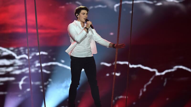Ireland’s Brendan Murray performing ‘Dying to Try’ during the second semi-final of the Eurovision Song Contest 2017 at the International Exhibition Centre in Kiev.Photograph: Sergei Supinsky/AFP/Getty Images.
