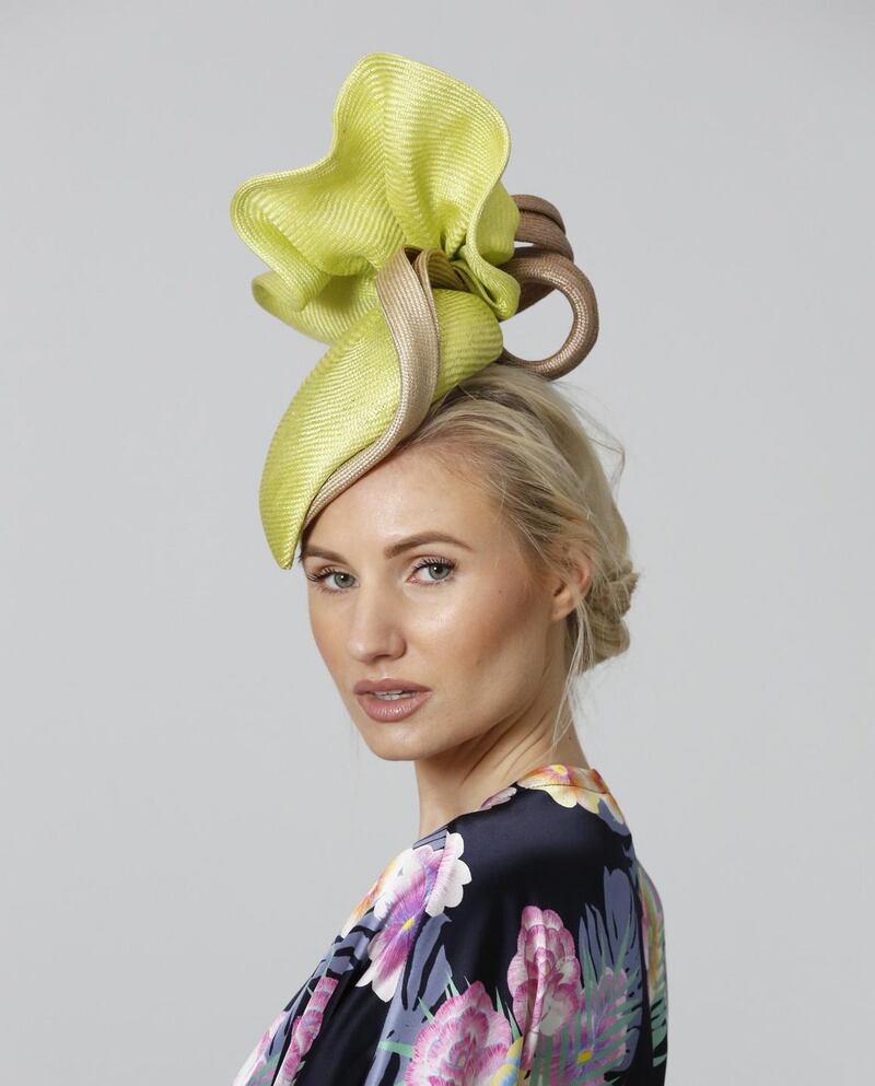 Parasisal pillbox hat in lime and taupe €280 by Wendy Louise Designs.