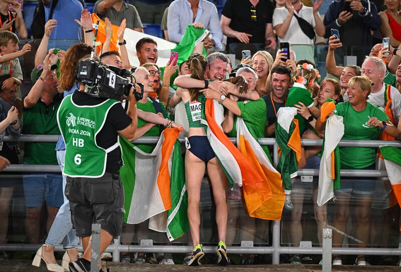 Ireland's Ciara Mageean celebrates with the fans after her gold medal run in the 1,500m final at the European Championships in Rome. Photograph: Mattia Ozbot/Getty Images