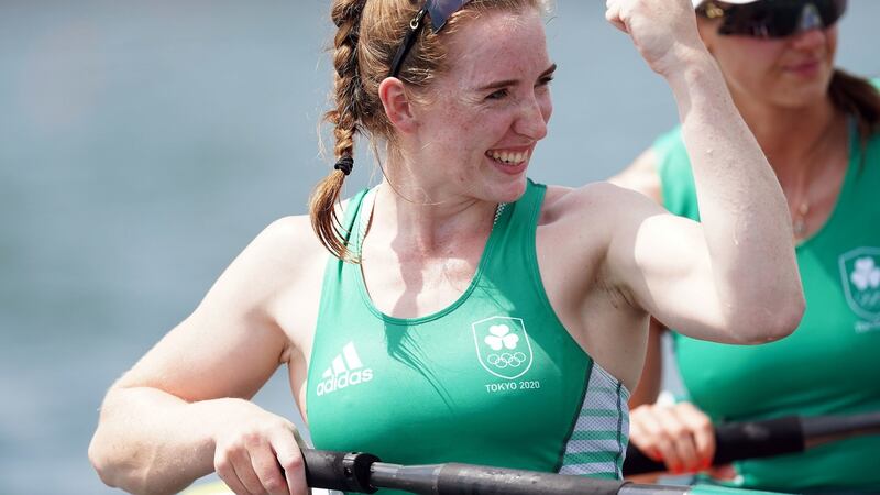 Emily Hegarty celebrates winning bronze in the Women’s Four at the Tokyo 2020 Olympic Games in Japan. Photograph: Mike Egerton/PA Wire
