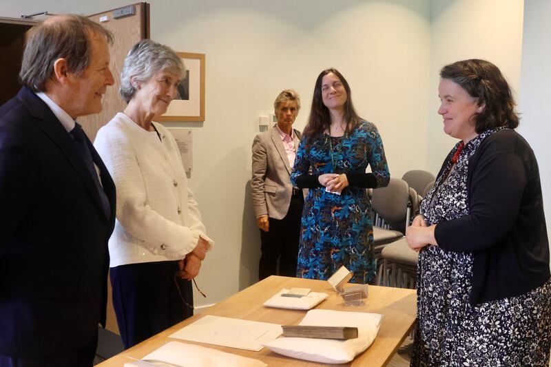 President Catherine Connolly views a collection of Brontë manuscripts held by the University of Leeds