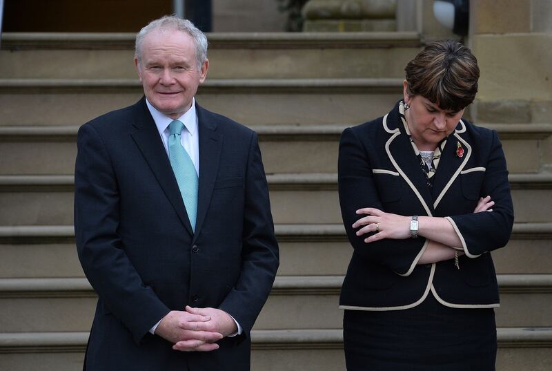 First Minister Arlene Foster and Deputy First minister Martin McGuinness wait to greet the President of the Republic of Colombia,  Juan Manuel Santos Caldern at Stormont Castle during a visit to Northern Ireland as part of his State visit to the UK.  Photograph:  Colm Lenaghan/Pacemaker