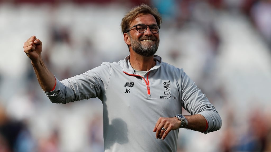 Manager Jürgen Klopp celebrates Liverpool’s victory over West Ham which put Champions League qualification back into their own hands. Photograph: Peter Nicholls/Reuters