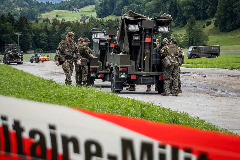 Swiss soldiers prepare a heliport in Obburgen, next to the luxury Burgenstock resort, Switzerland, that will host a Ukraine peace summit on June 15th-16th, 2024. Photograph: Elodie Le Maou/AFP/Getty 