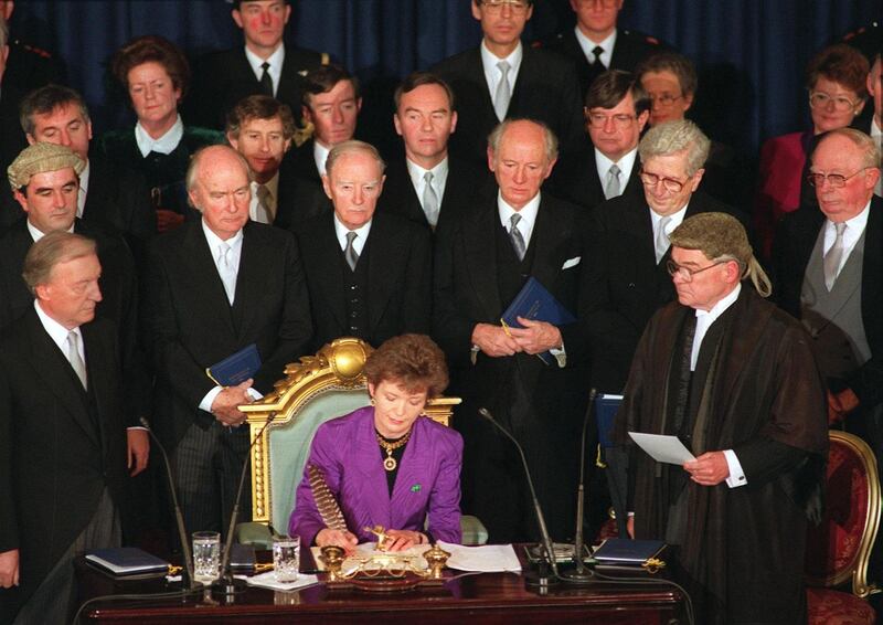 Women in politics: Mary Robinson signs her seal of office at her inauguration in 1990. Photograph: Matt Kavanagh