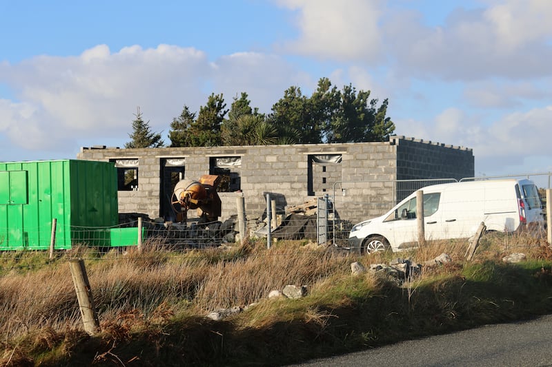 Maureen Folan lost the roof of her home in Carna, Co Galway, during Storm Éowyn. A year later, the house is being rebuilt. Photograph: Ronan McGreevy