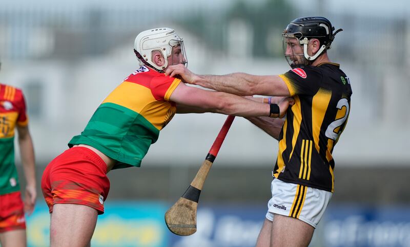 Fiachra Fitzpatrick of Carlow with Conor Fogarty of Kilkenny get to grips during the sensational draw between the two sides. Photograph: James Lawlor/Inpho