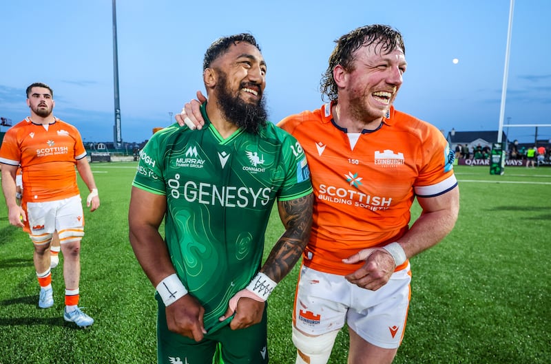 Connahct’s Bundee Aki and Hamish Watson of Edinburgh after the game. Photograph: James Crombie/Inpho