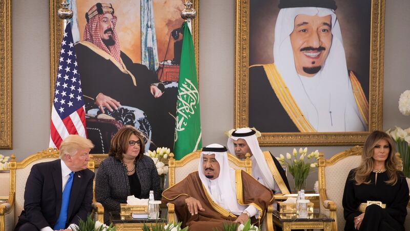 Melania Trump sits to the left of Saudi Arabian King Salman as he talks to her husband, US president  Donald Trump,  at the King Khalid Airport in Riyadh on May 20th. Photograph: Stephen Crowley/New York Times
