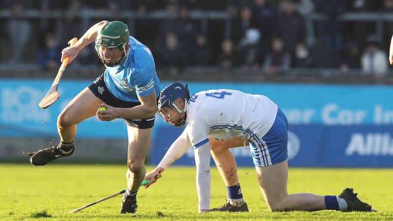 Dublin’s Fergal Whitely and Kieran Bennett of Waterford. Photograph: Lorraine O’Sullivan/Inpho