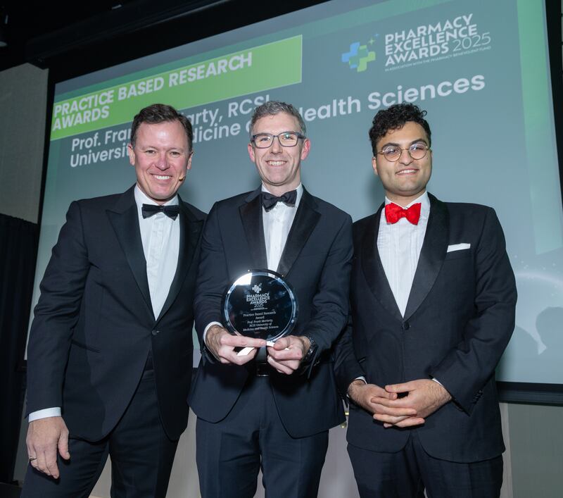 Anton Savage, MC of the awards; Prof Frank Moriarty, associate professor, RCSI; Mena Eskandaer, Pharmacy Benevolent Fund. Photograph: Paul Sherwood