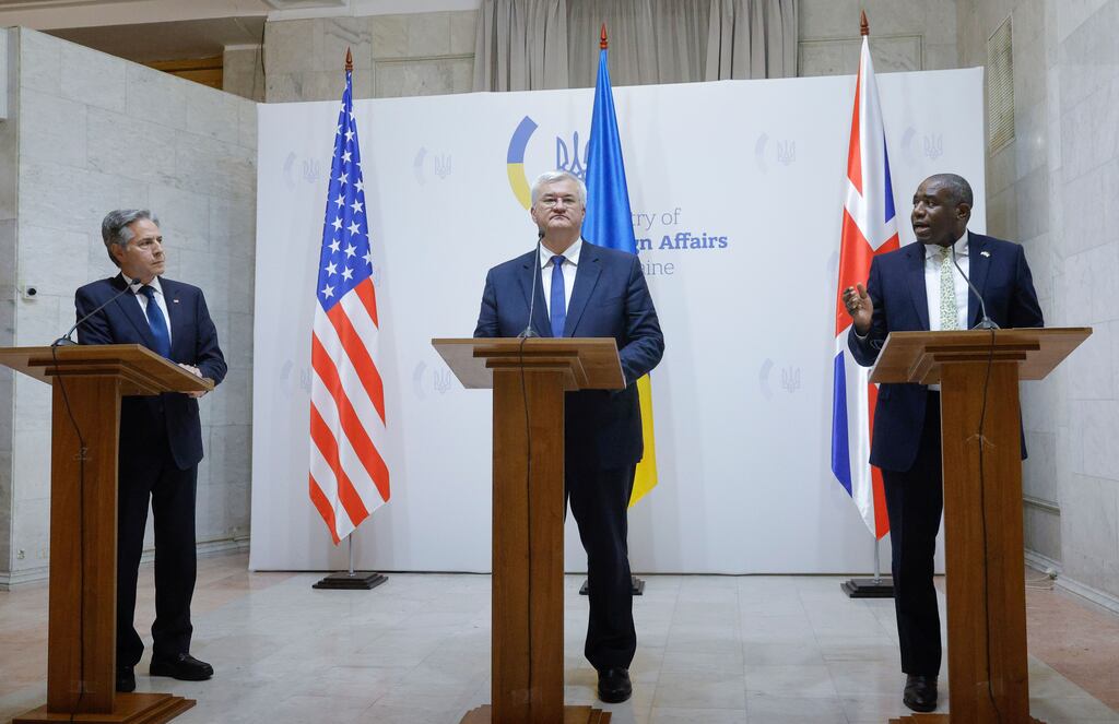 US secretary of state Antony Blinken, Ukrainian foreign minister Andrii Sybiha and British foreign secretary David Lammy in Kyiv: Mr Sybiha says a lifting of restrictions on using provided missiles against Russia would 'bring the just peace closer'. Photograph: Sergey Dolzhenko/EPA