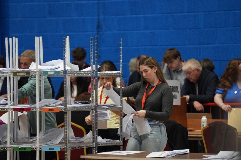 Votes are counted for the Galway West byelection at the Galway Lawn Tennis Club, Galway. Photograph: Niall Carson/PA Wire