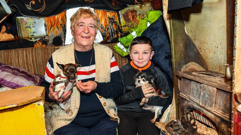 Nelly Reilly with her grandson Johnny Reilly (10) and dogs Cindy and Pikachu inside her wagon. Photograph: Diarmuid Greene