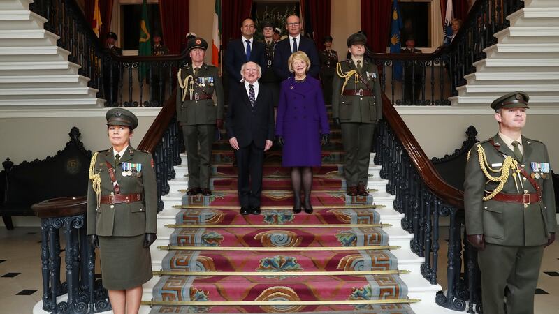 Michael D Higgins, his wife Sabina, Taoiseach Leo Varadkar and Tánaiste Simon Coveney following a presidential inauguration ceremony at Dublin Castle. Photograph: Maxwells/PA Wire