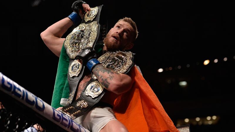 Conor McGregor celebrates his victory over Eddie Alvarez in their  lightweight championship fight at UFC 205 in November  2016 in New York City. Photograph: Brandon Magnus/Zuffa LLC/Zuffa LLC via Getty Images