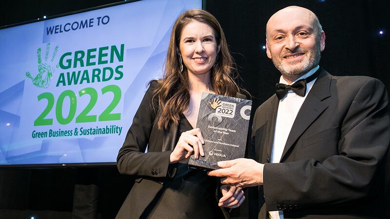 Victor Coleman, Marketing, Communications and Corporate Responsibility Manager at Veolia, presents the Sustainability Team of the Year award to Claire Sinnott, Lidl Ireland and Northern Ireland. 