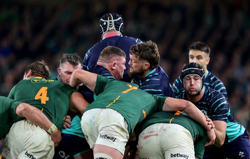 Ireland’s Peter O’Mahony, Tadhg Furlong, Andrew Porter and Caelan Doris during a maul against South Africa. Photograph: Dan Sheridan/Inpho 