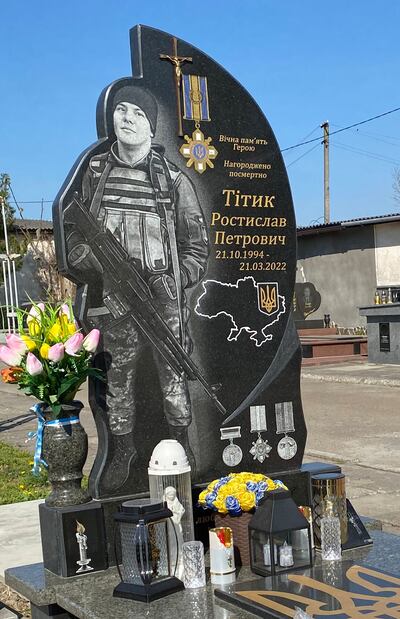 Rostyslav Tityk, the first soldier from Khodoriv to be killed after the 2022 full-scale invasion by Russia, was posthumously awarded the Hero of Ukraine medal. Photograph: Lara Marlowe