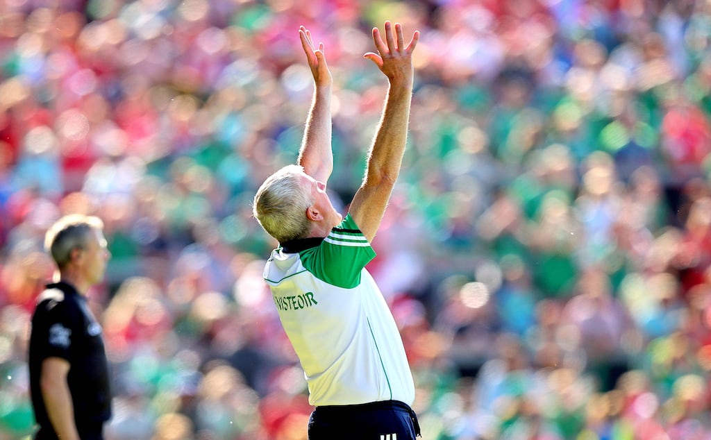 Limerick manager John Kiely celebrates at the final whistle after victory over Cork saw his team jump from the brink of being eliminated to the Munster hurling final. Photograph: Ryan Byrne/Inpho