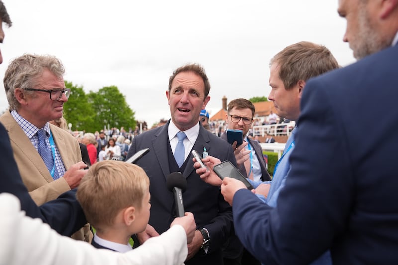 Charlie Appleby is interviewed after winning the Betfred 2000 Guineas Stakes with Ruling Court. Photograph: Joe Giddens/PA