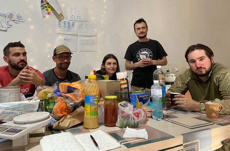 Drone pilots on a base in Donetsk, Denver, Graf, Symirochka aka Lieut Yulia Mykytenko, Kryepkyi and Tyson. Photograph: Lara Marlowe