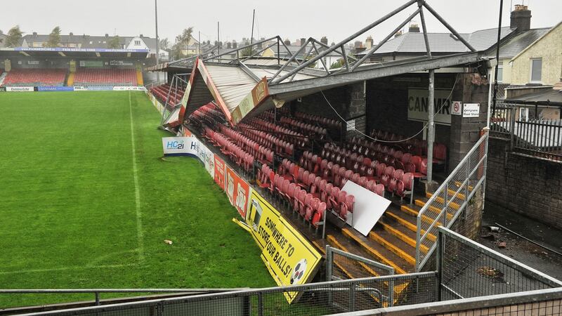 Hurricane winds collapsed a stand at Turners Cross, Cork city during Storm Ophelia. Photograph: Daragh Mc Sweeney/Provision