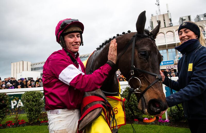 Jack Kennedy celebrates winning the Savills Steeplechase in December 2022 with Conflated. Photograph: Ryan Byrne 