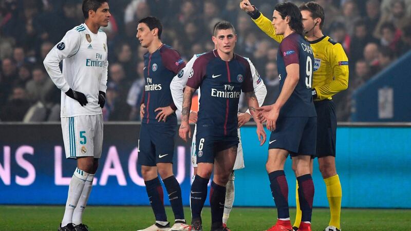 PSG’s Marco Verratti is sent off by referee Felix Brych. Photograph: Pierre-Philippe Marcou/AFP