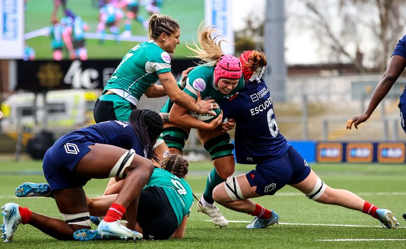 Women's Six Nations Championship, Kingspan Stadium, Belfast, where Ireland's Dorothy Wall is tackled by France's Charlotte Escudero. Photograph: Ben Brady/Inpho