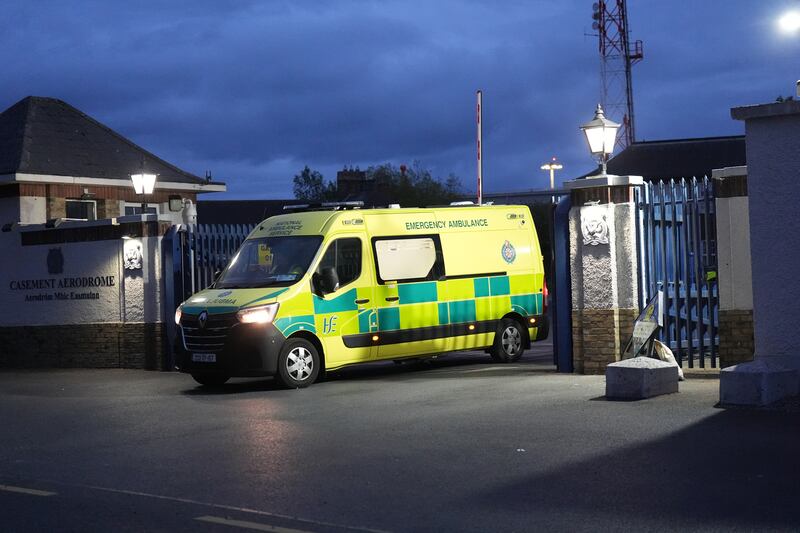 An ambulance leaving Casement Aerodrome in Baldonnel, Dublin on Sunday night as part of the repatriation of two Irish passengers from the cruise ship. Photograph: Niall Carson/PA