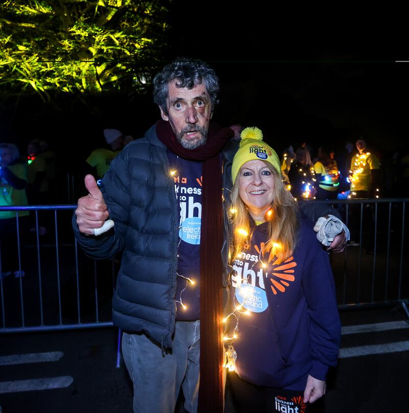 Charlie Bird with Pieta House chief executive Stephanie Manahan in the Phoenix Park. Photograph: Ryan Byrne/Inpho