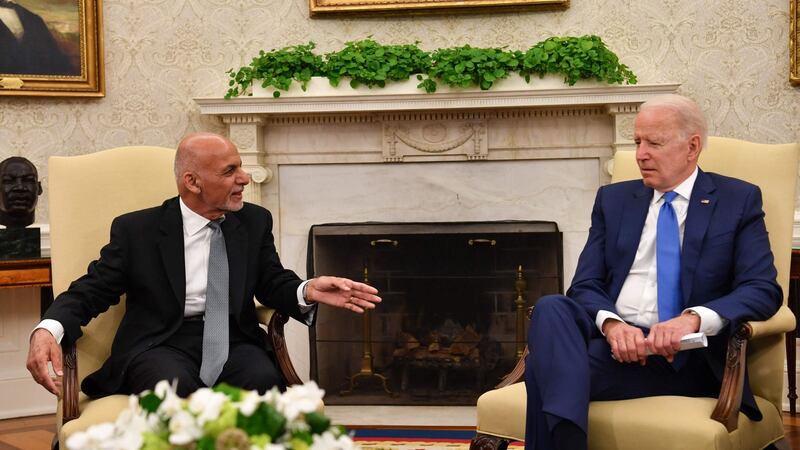 Afghan president Ashraf Ghani with US president Joe Biden in the Oval Office in Washington last Friday. Photograph:  Nicholas Kamm/AFP via Getty Images
